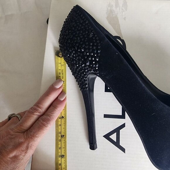 Aldo Black Satin Peep Toe High Heels With Rhinestone Embellished Heel Size 9 - Picture 13 of 14